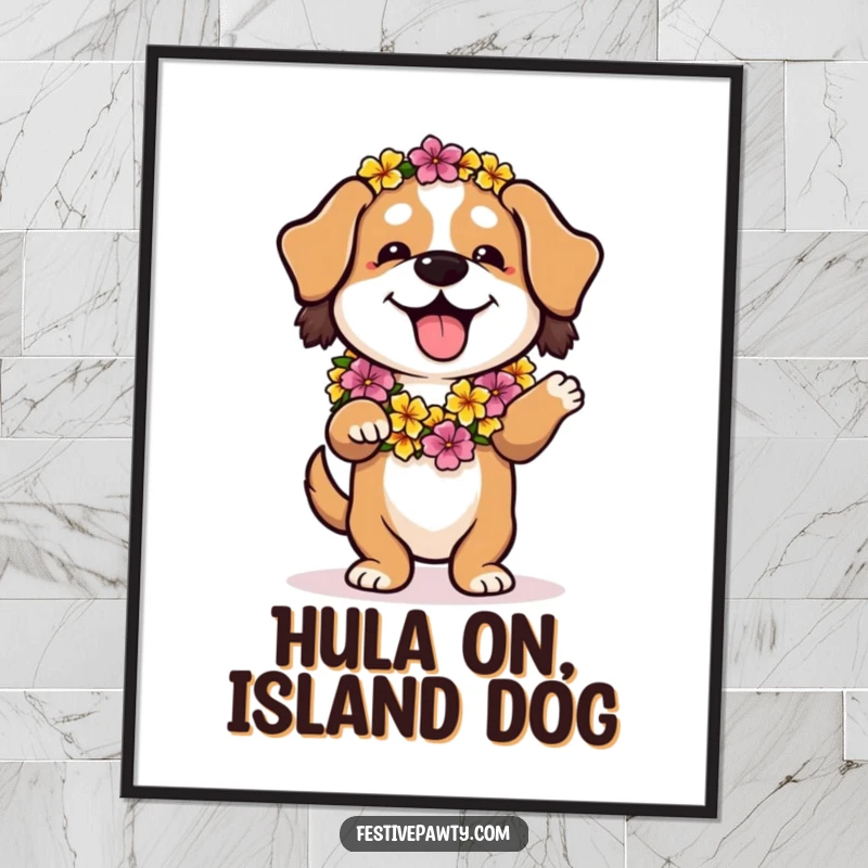 Funny free printable wall art of a playful dog wearing a vibrant flower lei, performing a relaxed hula dance with a happy expression.