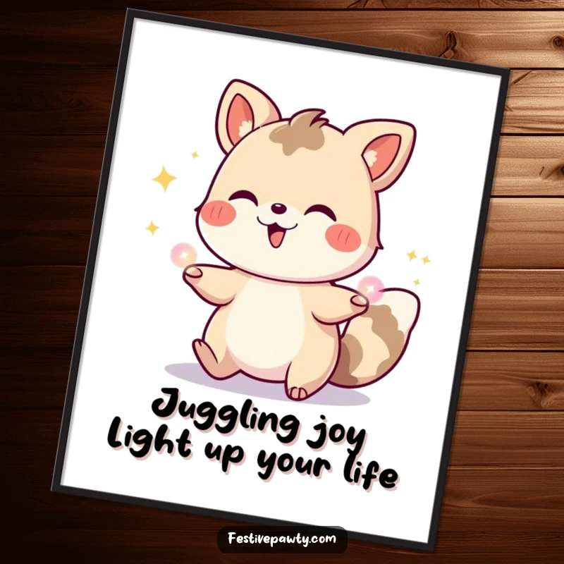 Funny Free Printable Wall Art: A giggling animal character expertly juggling a cascade of bright, glowing party lights in a festive display.