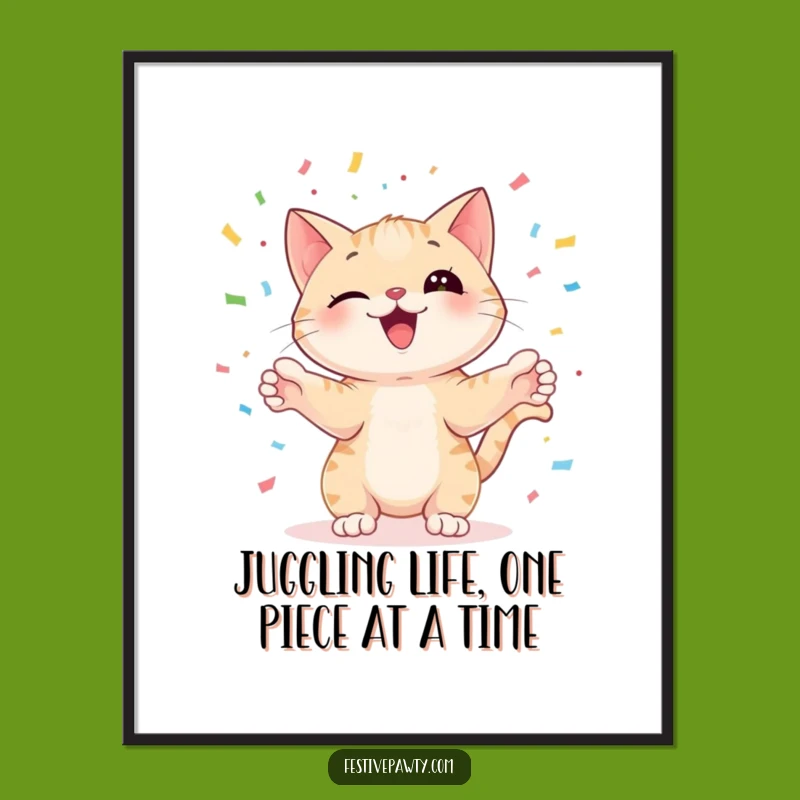Free Printable Wall Art: Juggling Cat Confetti Chaos - Funny Downloadable Decor