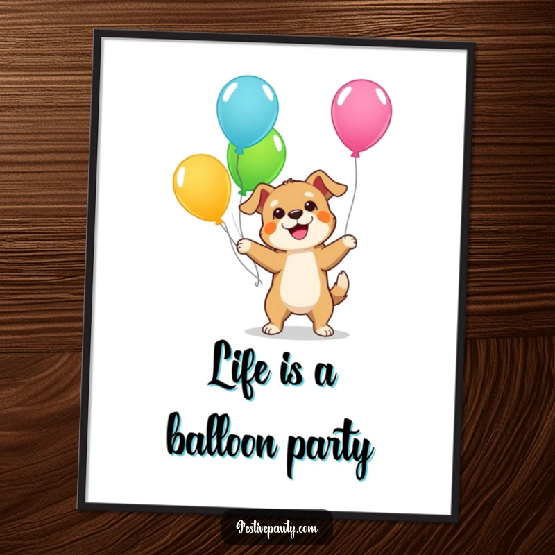 Funny Free Printable Dog Wall Art, a giddy dog character juggling colorful balloons, adding playful energy to decor.