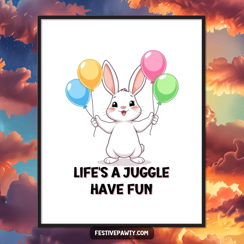 Funny Free Printable Wall Art: A talented rabbit character juggling multiple colorful balloons with all four paws.