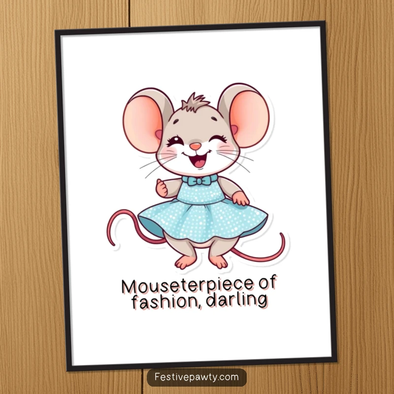 Funny Free Printable Wall Art: A delighted mouse character grinning widely while trying on a dazzling sequined party dress.
