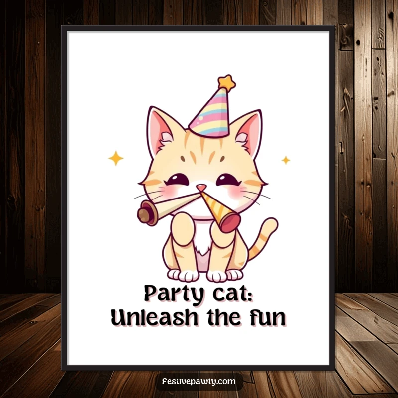 Funny Free Printable Wall Art: A cute cat character wearing a party hat and enthusiastically blowing a party horn.
