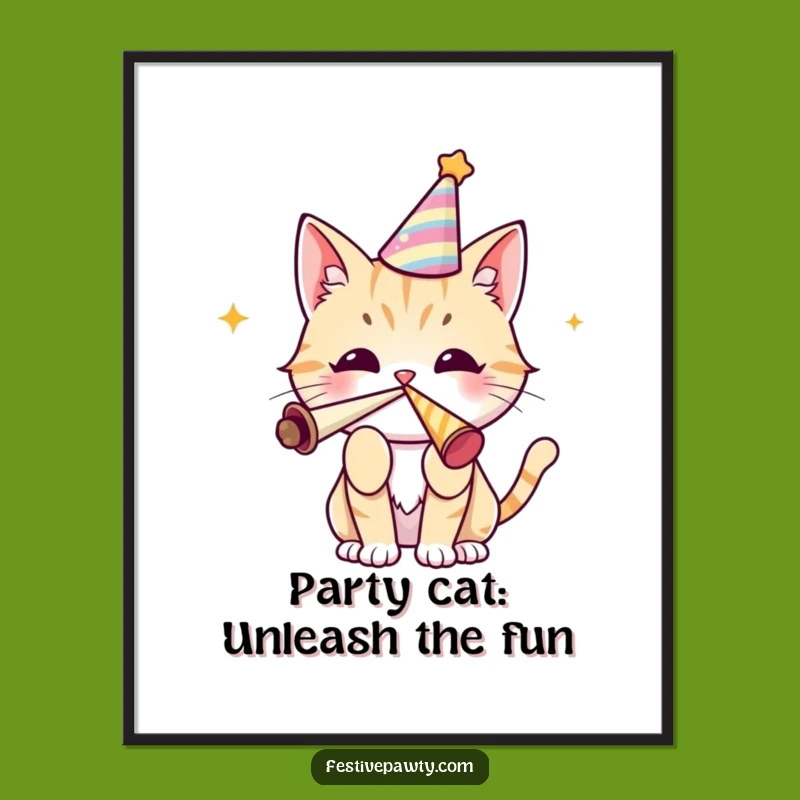 Free Printable Wall Art: Cute Party Cat Blowing Horn, Funny Downloadable Art
