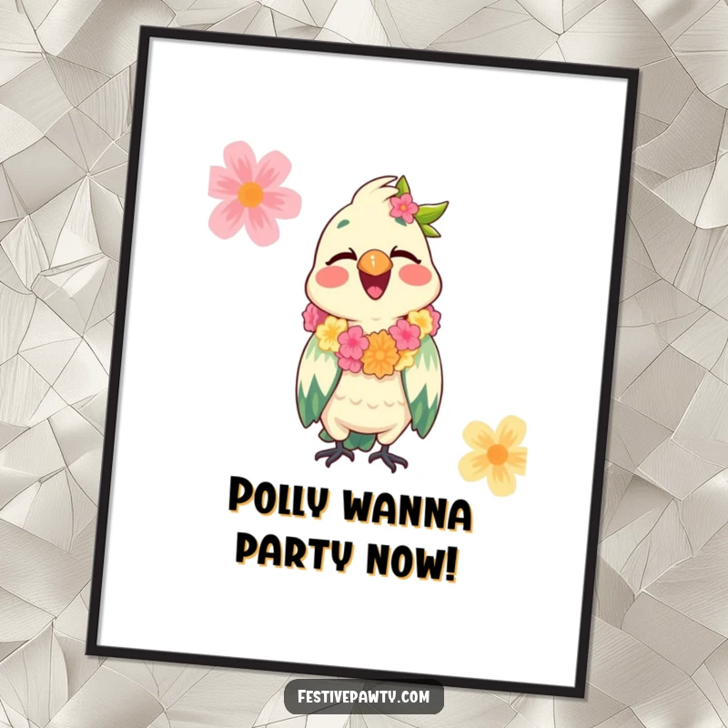 Funny Free Printable Wall Art: A giggling parrot character adorned with a festive lei, exuding tropical joy and humor.