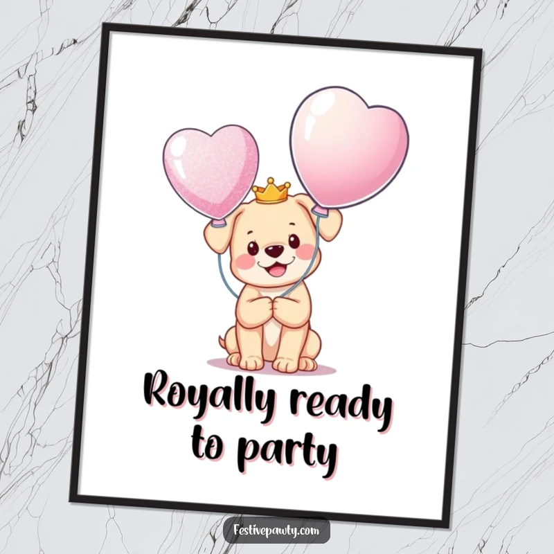 Funny Free Printable Wall Art: A happy little puppy wearing a tiny crown holds a huge glittering balloon, looking majestic.