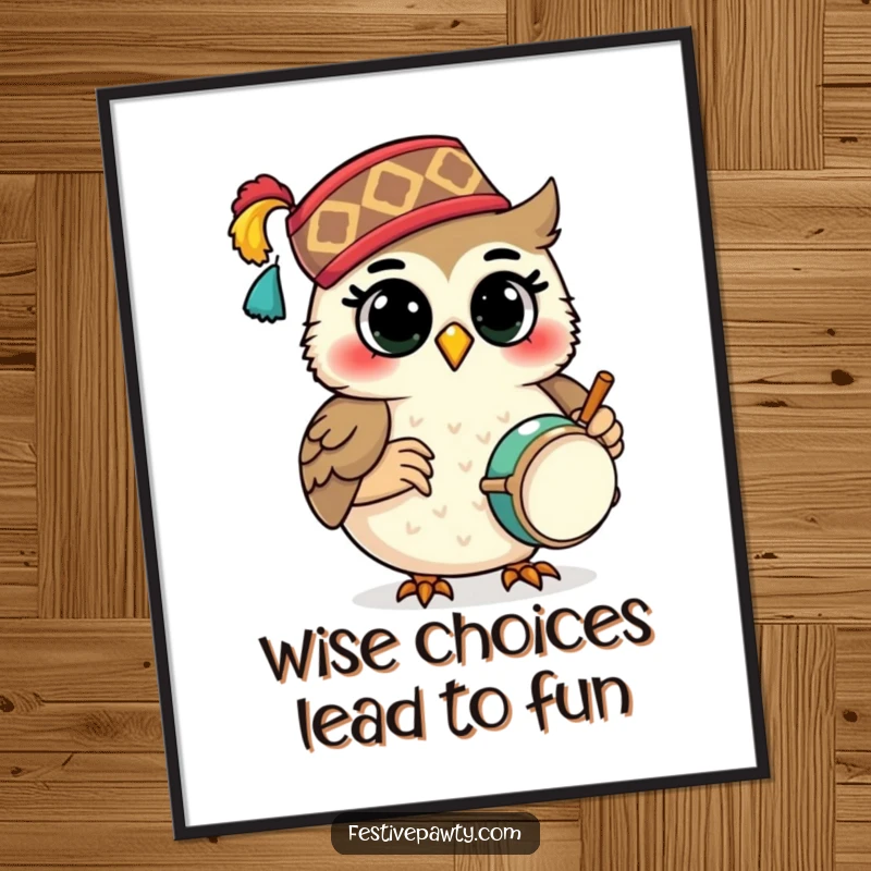 Funny Free Printable Wall Art: A smiling owl wearing a festive fez joyfully plays a tiny drum.
