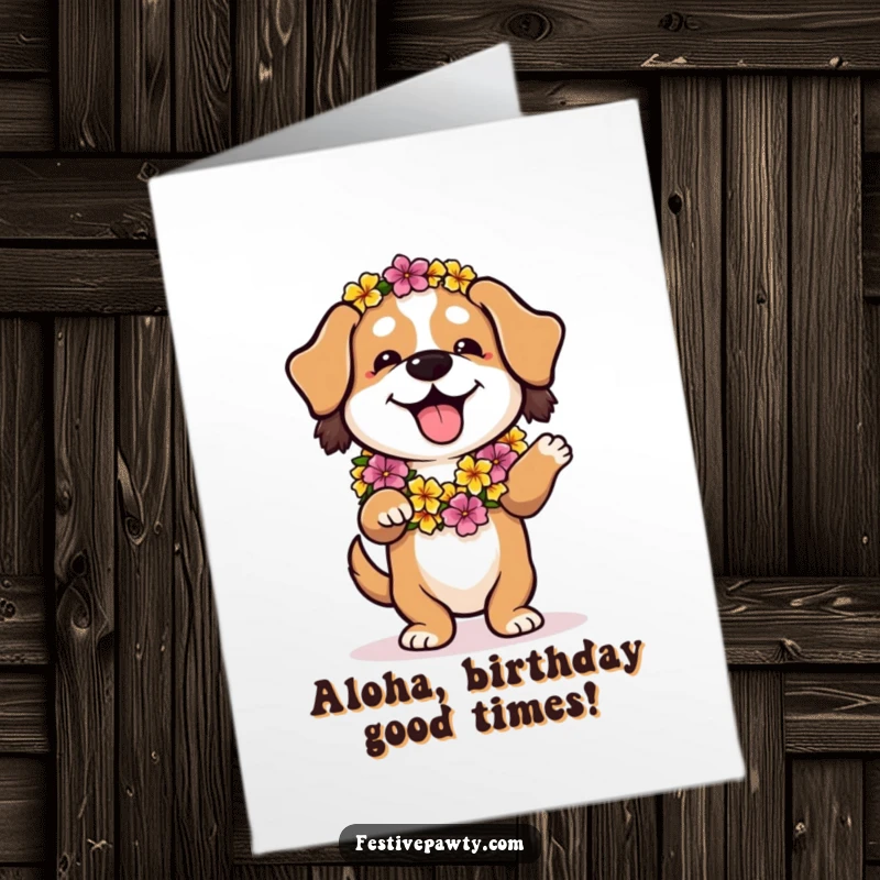 Funny free printable birthday card of a playful dog wearing a colorful flower lei, enjoying a relaxed hula dance with a wagging tail.