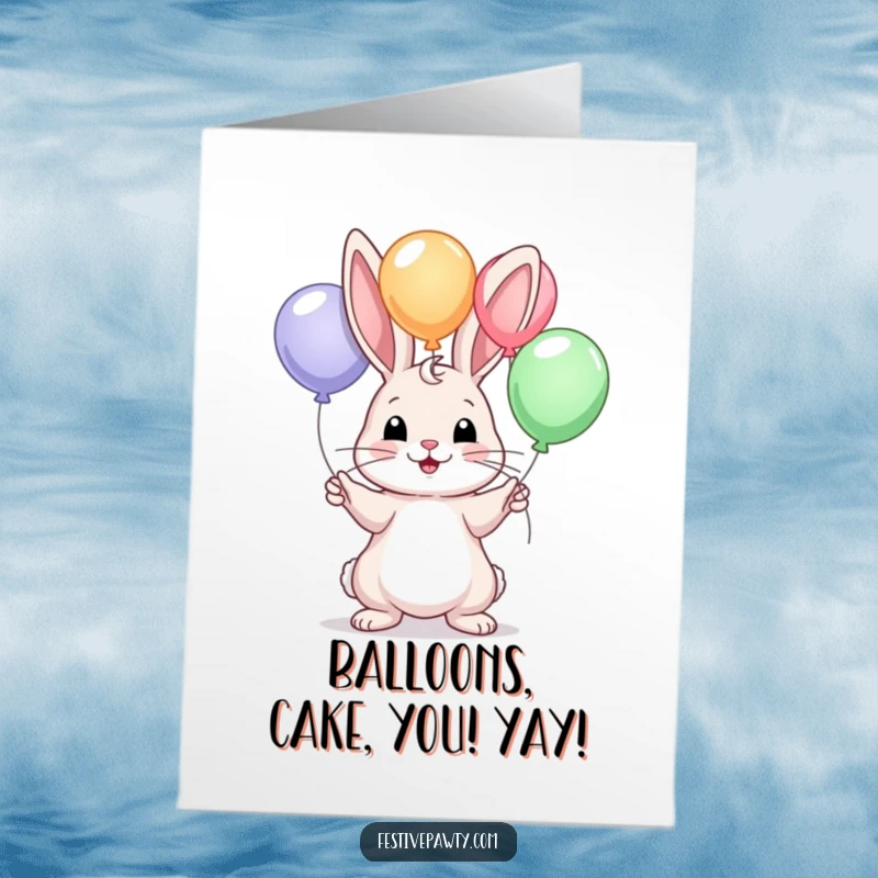 Funny Free Printable Birthday Card: Playful rabbit character excitedly juggling colorful balloons, ready to celebrate with a smile.