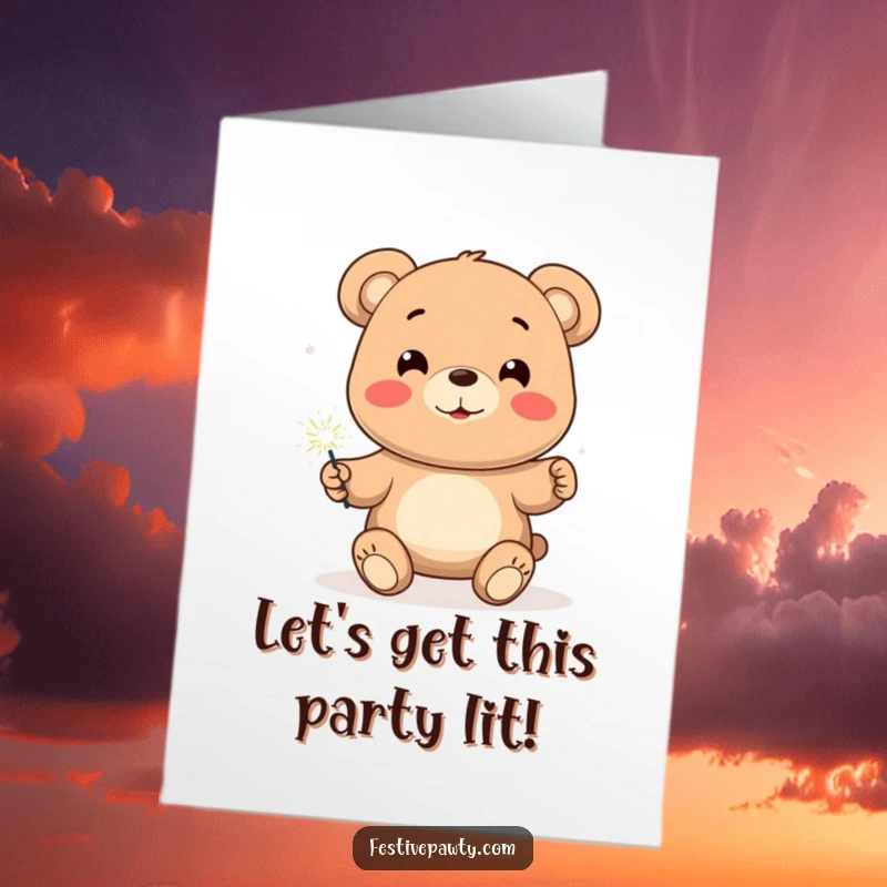 Funny Free Printable Birthday Card: Smiling bear character joyfully holding a brightly lit sparkler, creating light.