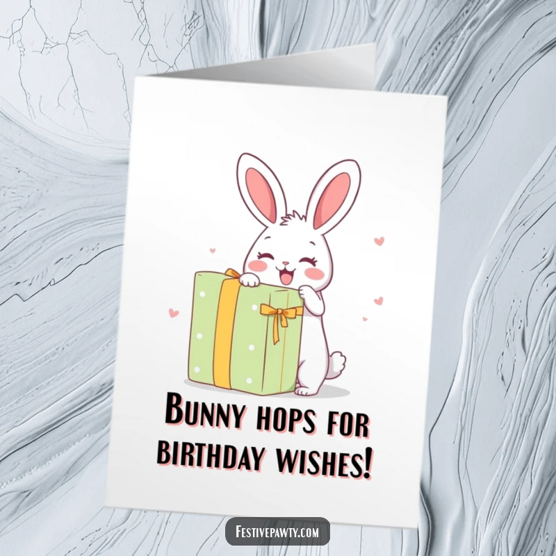 Funny Free Printable Birthday Card: Happy rabbit with giant eyes excitedly unwrapping a huge present, pure joy.