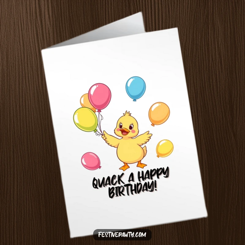 Funny Free Printable birthday card of a cheerful duck juggling multiple brightly colored balloons with delight.