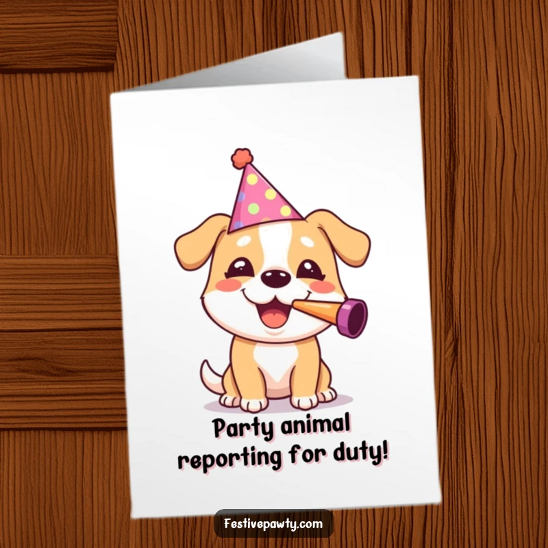 Funny Free Printable Birthday Card: Cheerful dog in party hat blowing noisemaker with glee, radiating pure birthday joy, a downloadable gift.