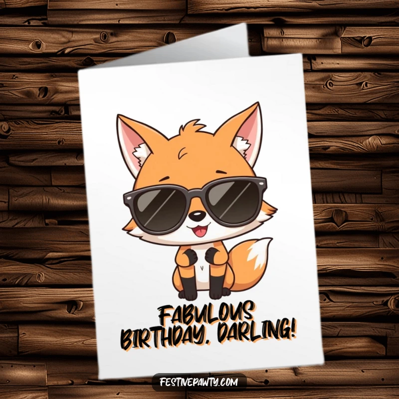 Free Printable Birthday Card: A cool fox in oversized sunglasses striking a fabulous diva pose, ready to party with pizzazz.