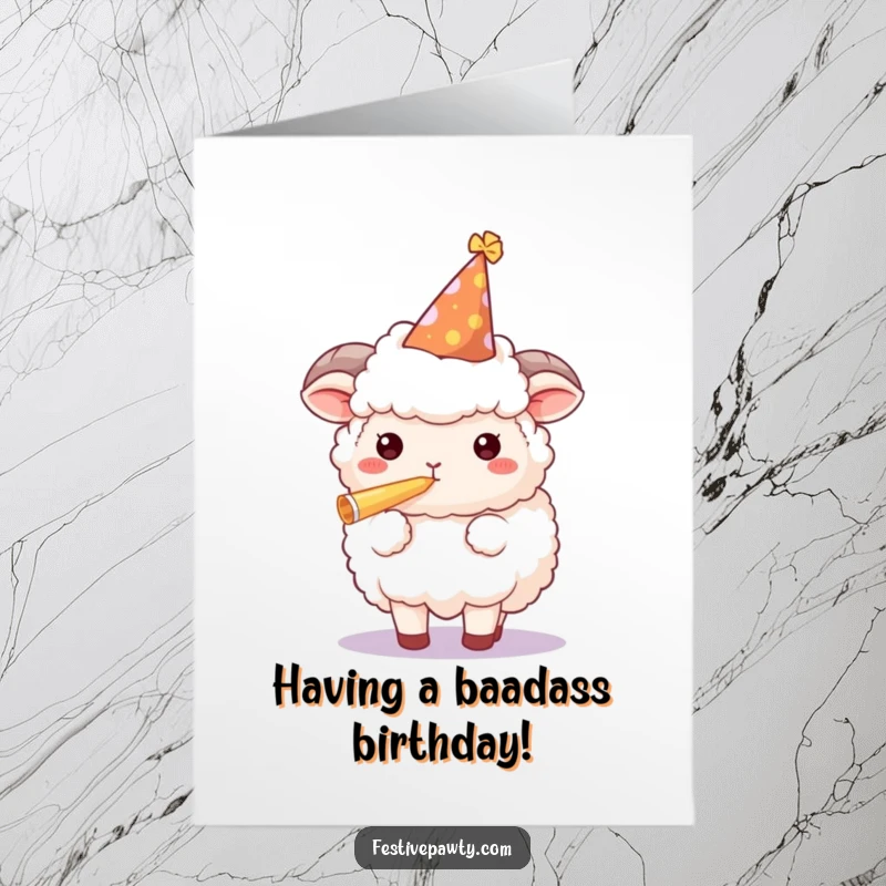 Funny Free Printable birthday card of a fluffy sheep in a party hat blowing a party horn with gusto.