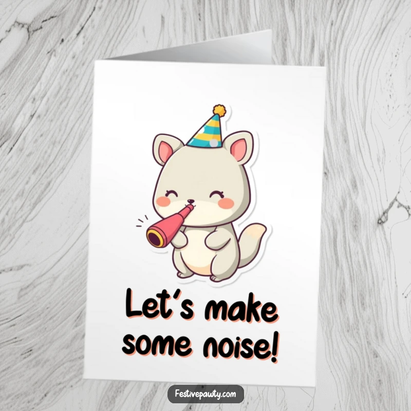 Funny Free Printable Animal Birthday Card: A cute animal in a party hat blowing a noisemaker with glee.