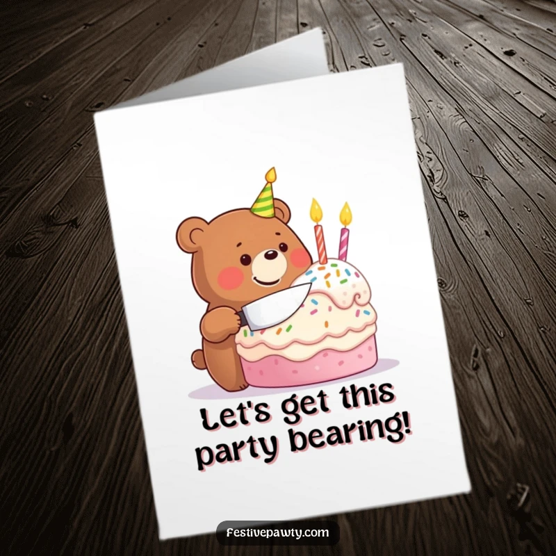 Funny free printable birthday card featuring a happy bear character beaming with joy as it slices into a giant, festive birthday cake.