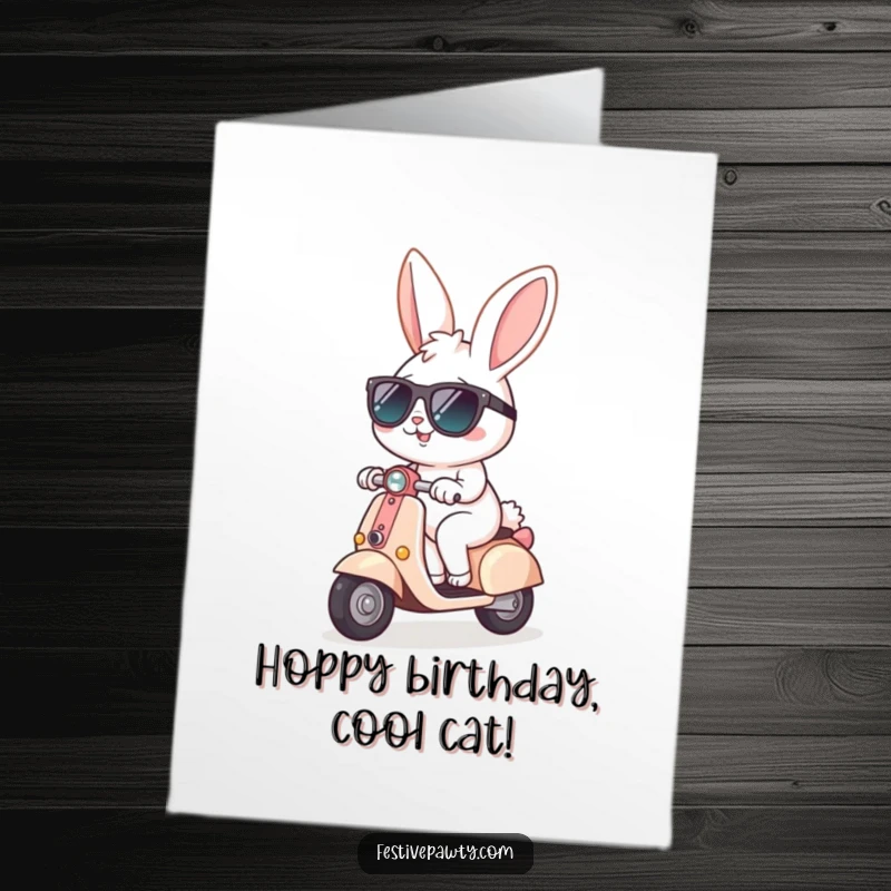 Funny Free Printable Birthday Card: Cheerful bunny in sunglasses rides a tiny scooter, embodying cool birthday vibes.