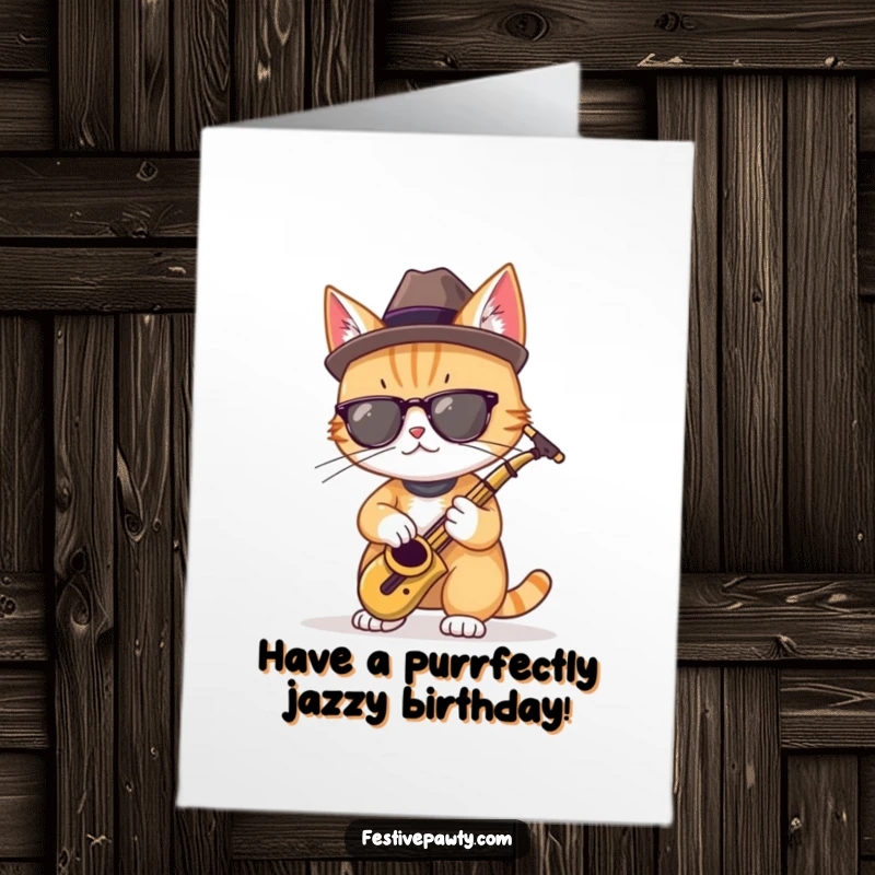 Funny free printable birthday card featuring a cool cat wearing a fedora, masterfully playing a miniature saxophone with musical notes around.