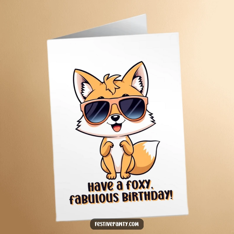 Funny free printable birthday card: a giggling fox character wearing oversized sunglasses, striking a confident diva pose with flair.