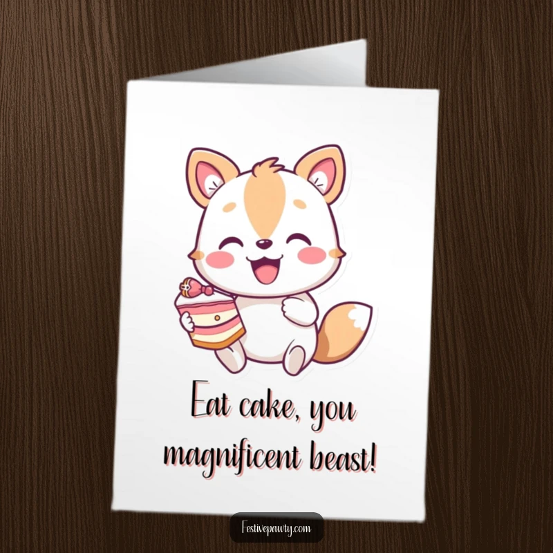 Funny Free Printable Birthday Card featuring a joyous animal character ecstatically holding a giant slice of birthday cake.