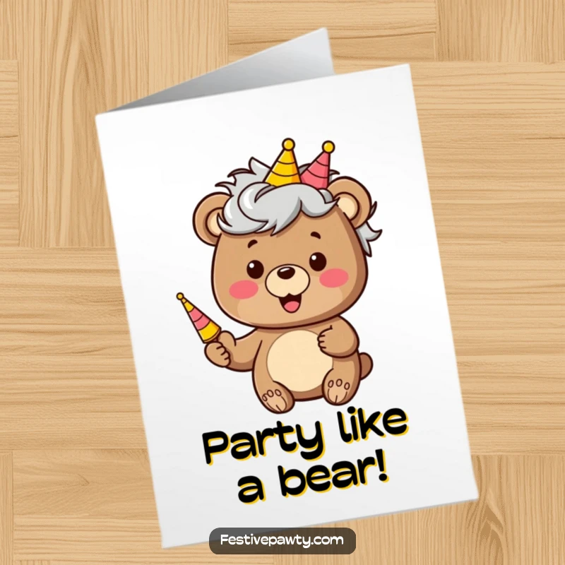 Funny Free Printable Birthday Card: Bear in silly wig blows party horn, radiating pure birthday joy. A hilarious downloadable greeting.