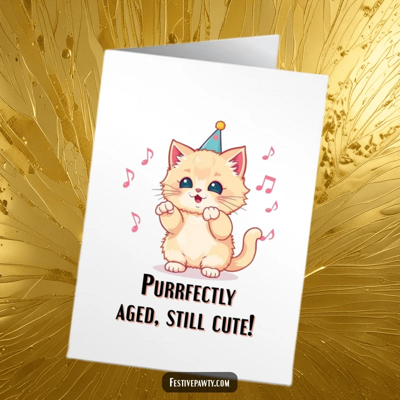 Funny Free Printable Birthday Card: Fluffy kitten with party hat conducts music notes, a comical maestro ready to party.