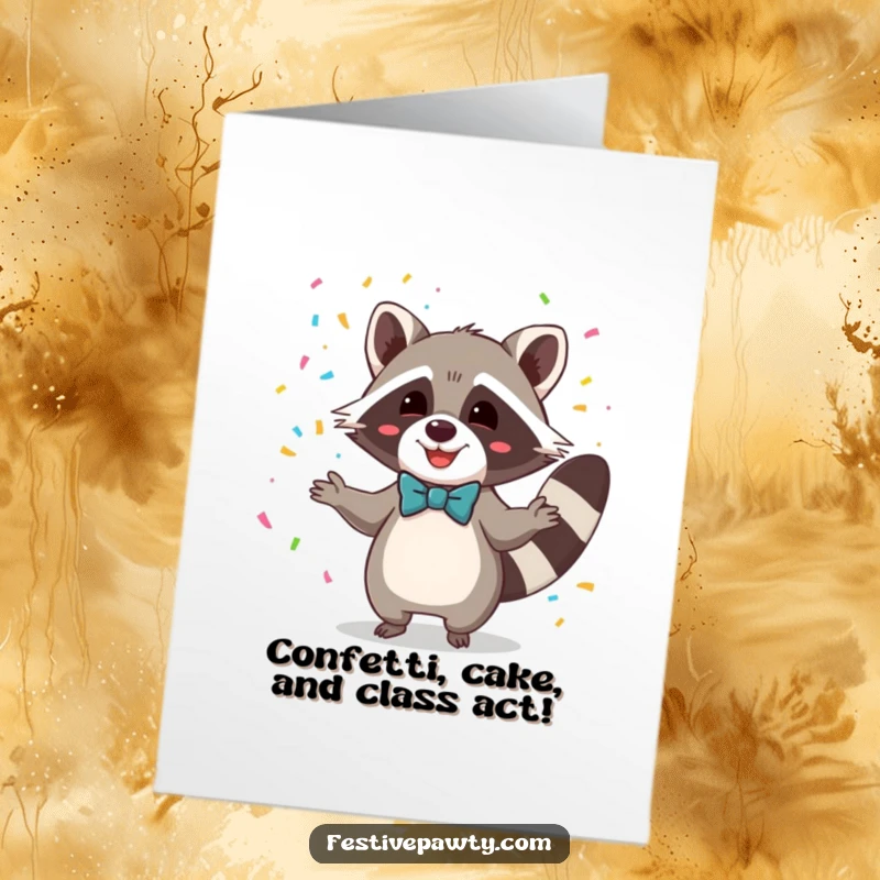 Funny free printable birthday card of a delighted raccoon in a bowtie joyfully juggling colorful confetti, ready for a party.
