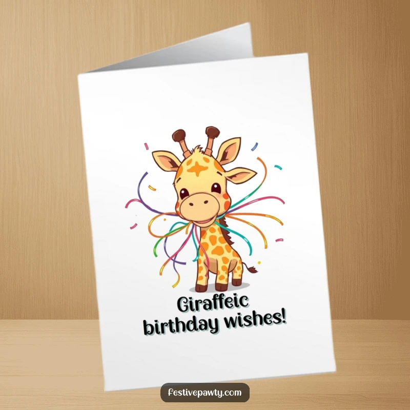 Funny Free Printable Birthday Card: A giggling giraffe comically tangled in colorful streamers, celebrating a birthday, downloadable gift.