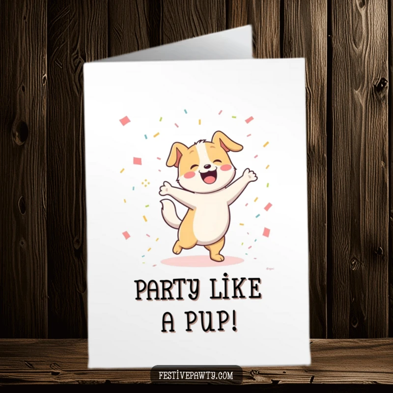 Funny Free Printable Birthday Card featuring a joyful dog character dancing ecstatically amidst a shower of confetti.