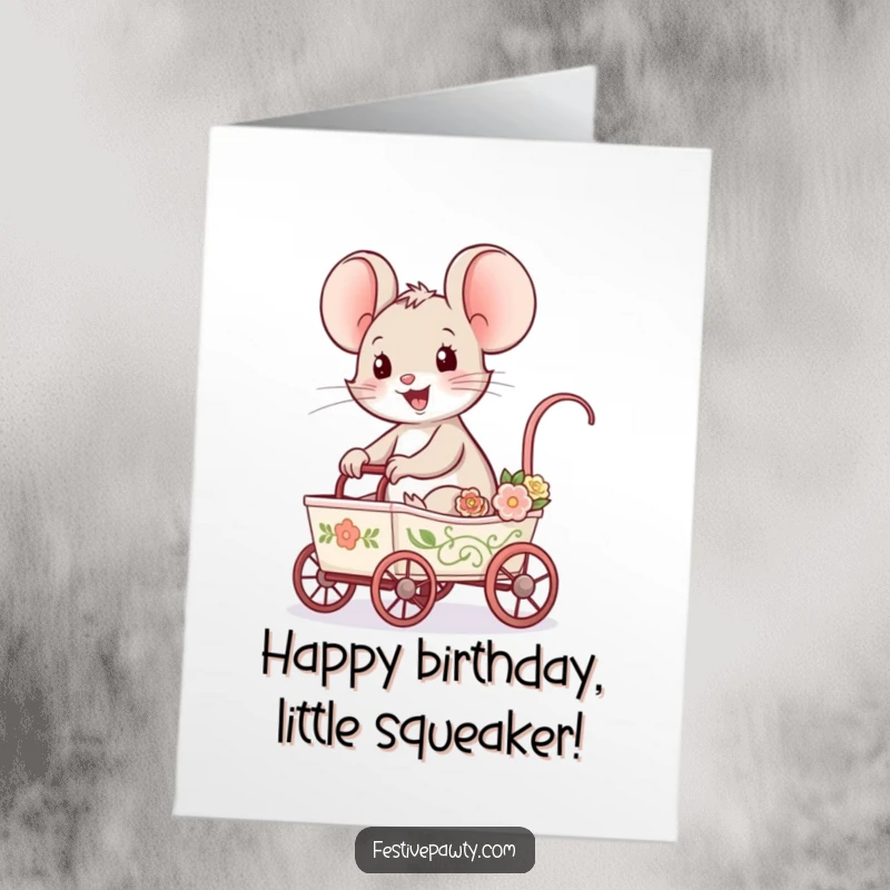 Funny Free Printable Birthday Card: A delighted mouse gleefully rides on a tiny, decorated cart, spreading birthday cheer.