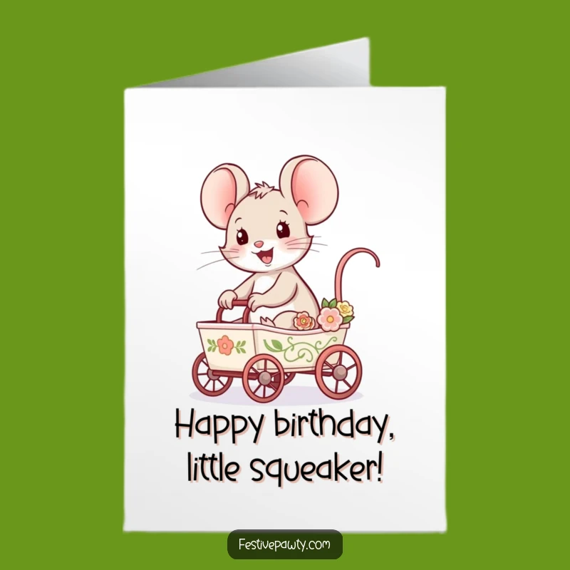 Free Printable Birthday Card: Joyful Mouse Cart Ride, Fun Downloadable Gift