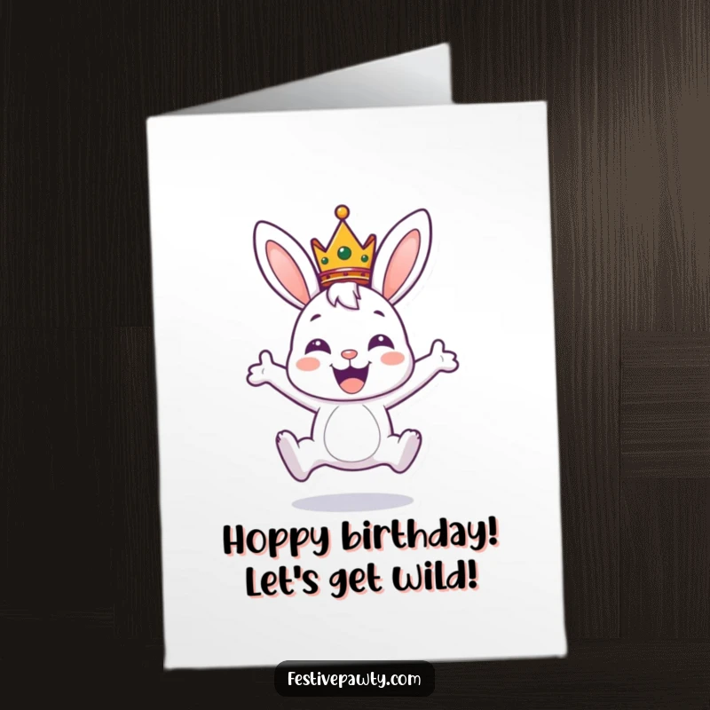 Funny Free Printable Birthday Card: A joyful bunny wearing a tiny crown, leaping with pure excitement for the birthday celebration.