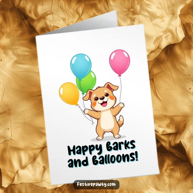Funny Free Printable Dog Birthday Card, a giddy dog juggling colorful balloons, wishing a happy and playful birthday.