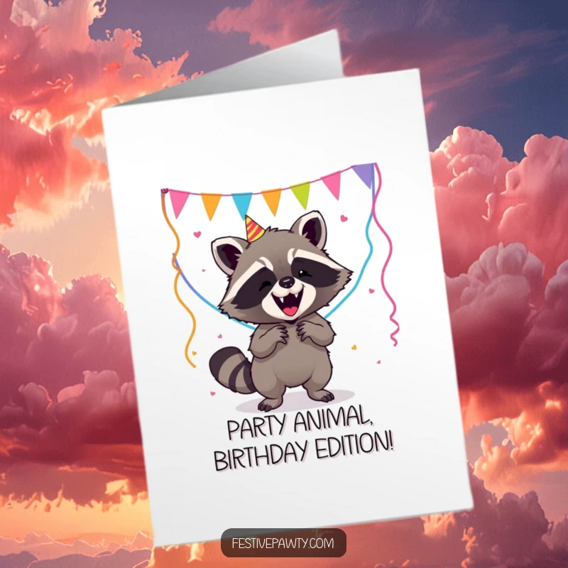 Funny Free Printable Birthday Card featuring a raccoon struggling to balance colorful party streamers, looking comically overwhelmed.