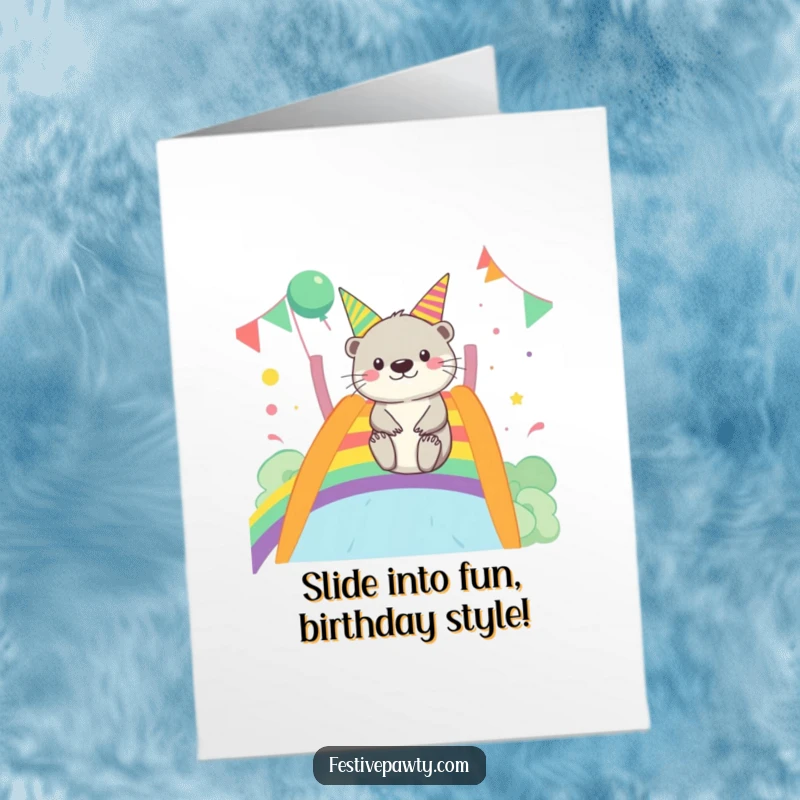 Funny Free Printable Birthday Card featuring a merry otter joyfully sliding down a vibrant rainbow slide at a party setting.