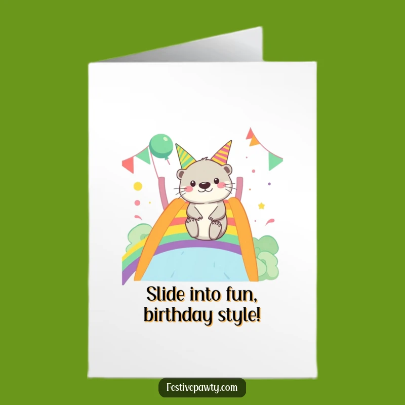 Free Printable Otter Birthday Card: Merry Rainbow Slide Fun Downloadable Gift