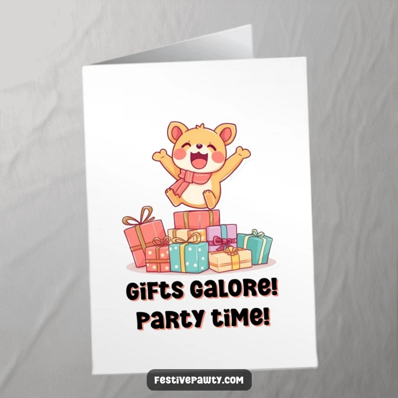 Funny Free Printable Birthday Card: Excited animal character triumphantly leaping over a mountain of wrapped presents, radiating pure joy.