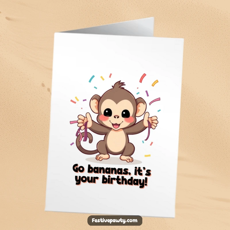 Funny Free Printable Birthday Card: A playful monkey tosses colourful streamers, perfect for a wild birthday celebration.