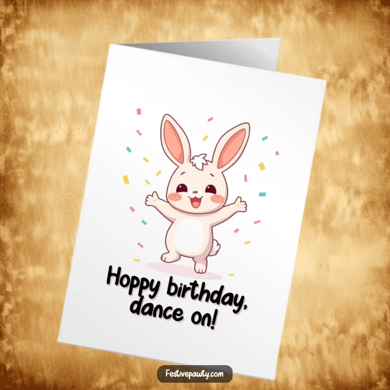 Funny Free Printable Bunny Birthday Card, a joyful bunny dancing as confetti rains down, celebrating a happy birthday.