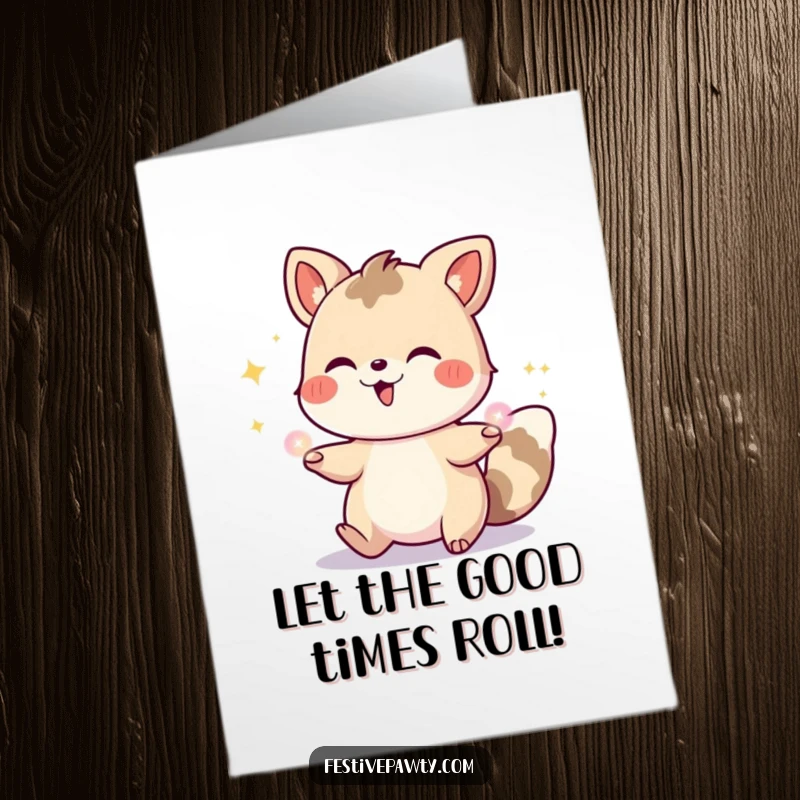 Funny Free Printable Birthday Card: A delighted animal character gleefully juggling colorful, glowing party lights with a huge smile.