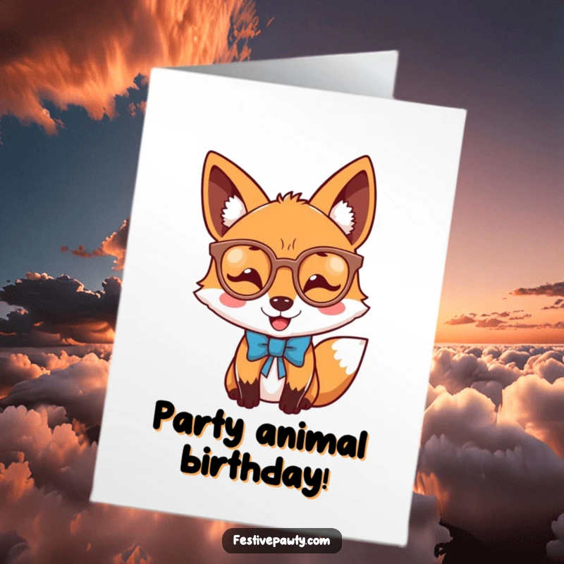 Funny Free Printable Birthday Card: A very joyful fox wearing quirky novelty glasses and a smart bow tie smiles widely.