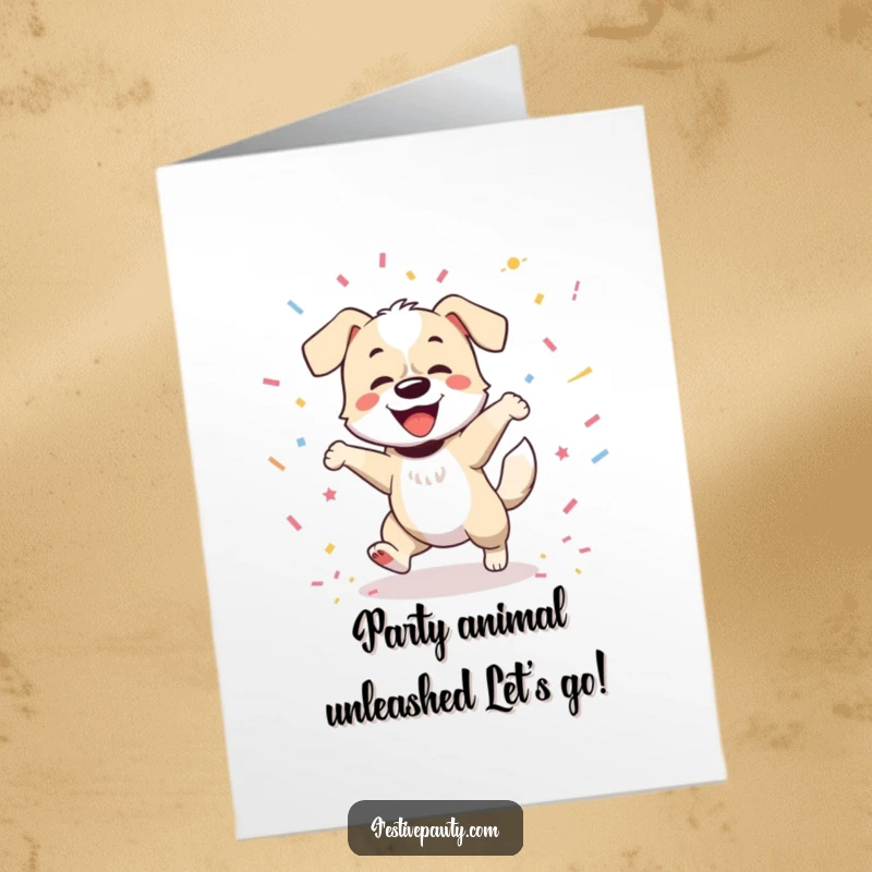 Funny free printable birthday card featuring a happy dog character dancing energetically with a furiously wagging tail amidst colorful confetti.