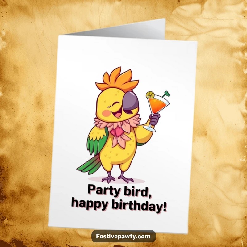 Funny Free Printable Birthday Card: Giggling parrot in a boa dances with a cocktail, bringing party vibes.