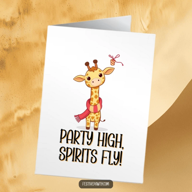 Funny free printable birthday card of a giraffe in a festive scarf reaching high up towards a colorful party streamer.
