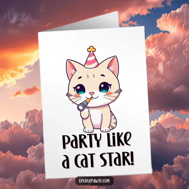 Funny Free Printable Cat Birthday Card, a cheerful cat in a party hat blows a noisemaker, ready for a hilarious celebration.