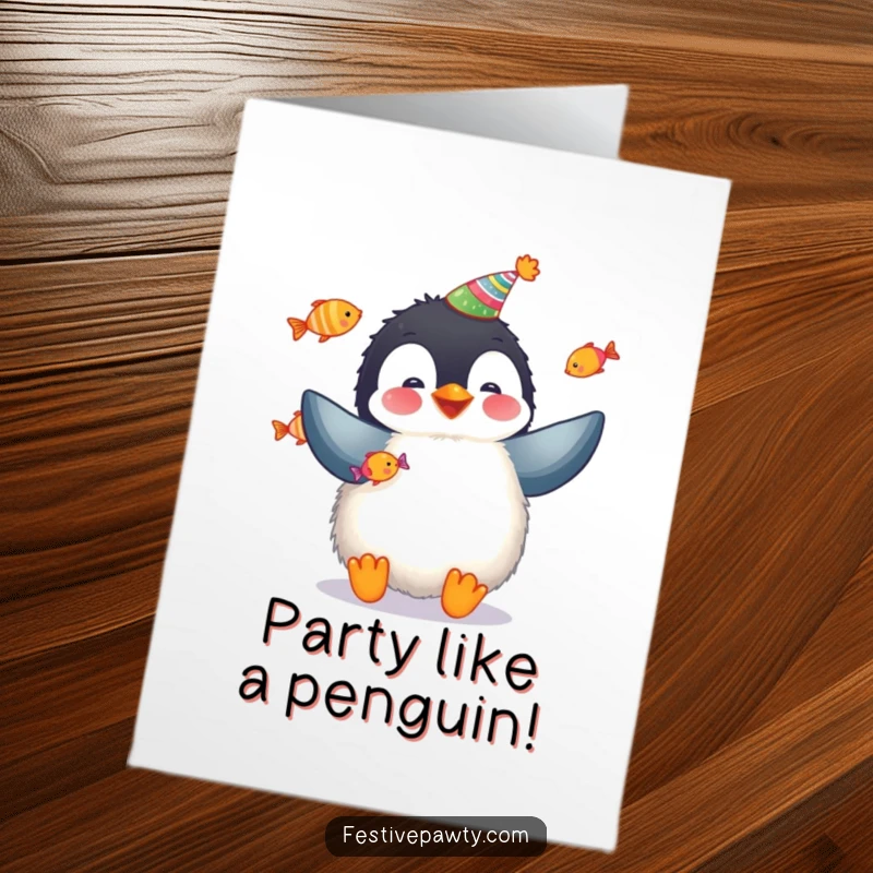 Funny free printable birthday card: a fluffy penguin in a party hat juggles colorful fish, having fun.