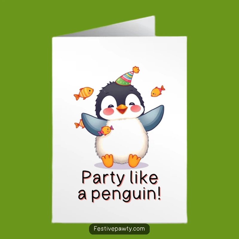Free Printable Birthday Card: Penguin Party Juggling Fish Gift