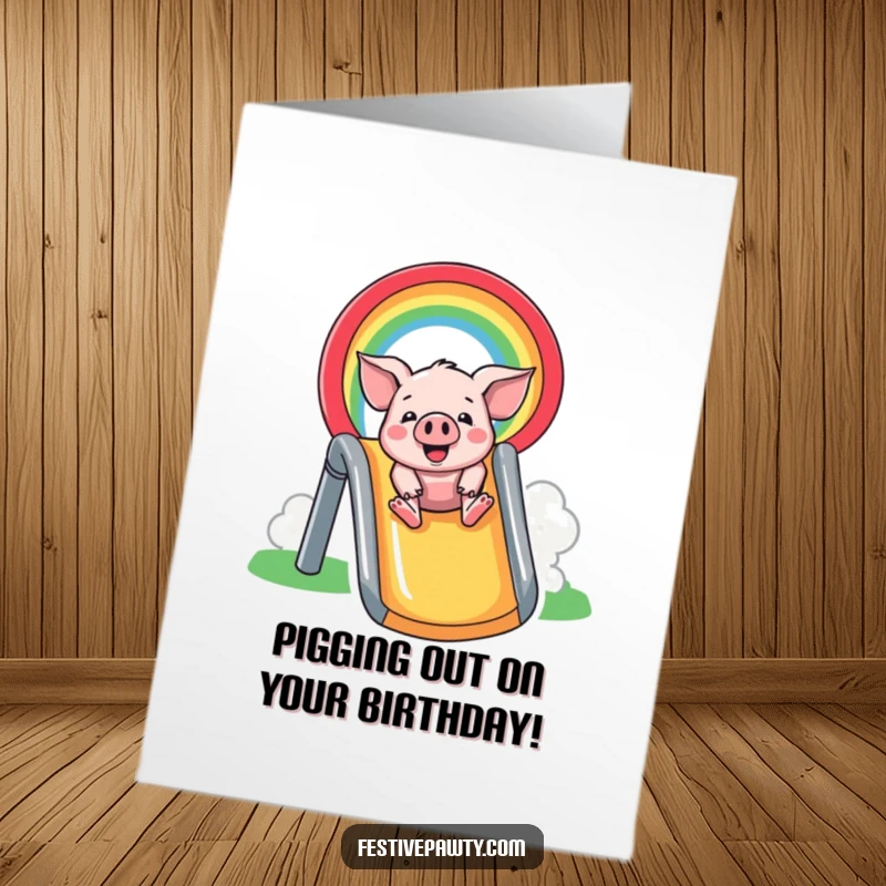 Funny Free Printable Birthday Card featuring a happy pig sliding down a vibrant rainbow, ready to bring smiles.