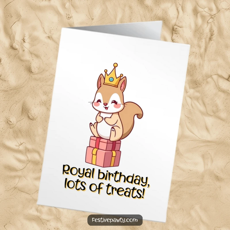 Funny free printable birthday card of a squirrel wearing a tiny crown, sitting regally atop a pile of colorful gifts.